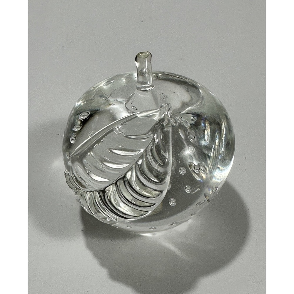 Vintage Clear Glass Apple Paperweight Controlled Bubbles w/ Leaf 2.5" Glass Act